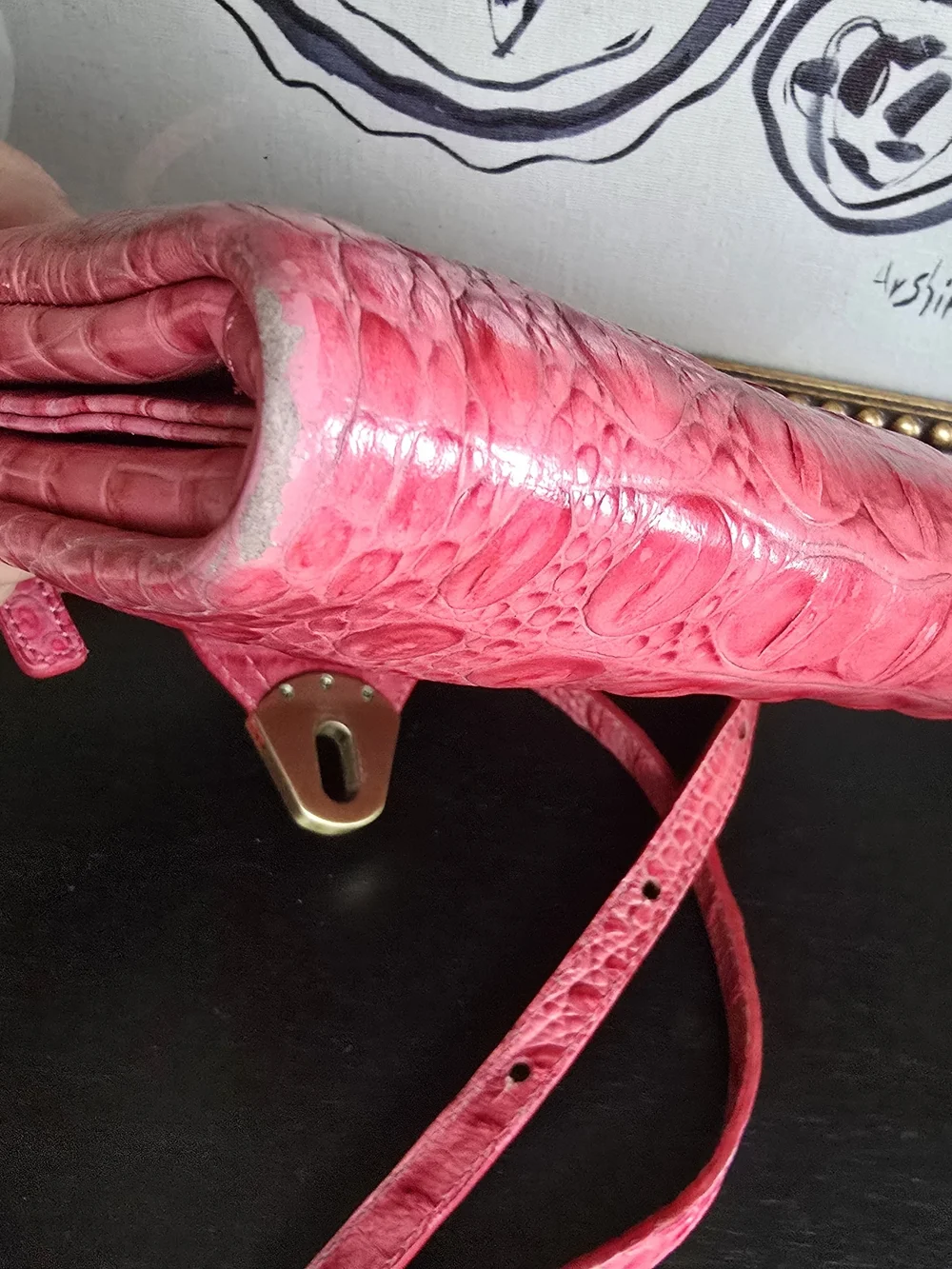 Brahmin Croc-Embossed Coral Pink Crossbody with Gold Hardware